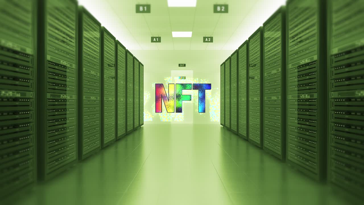 Non Fungible Token Symbol In Futuristic Datacenter.