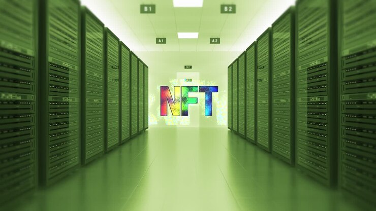 Non Fungible Token Symbol In Futuristic Datacenter.