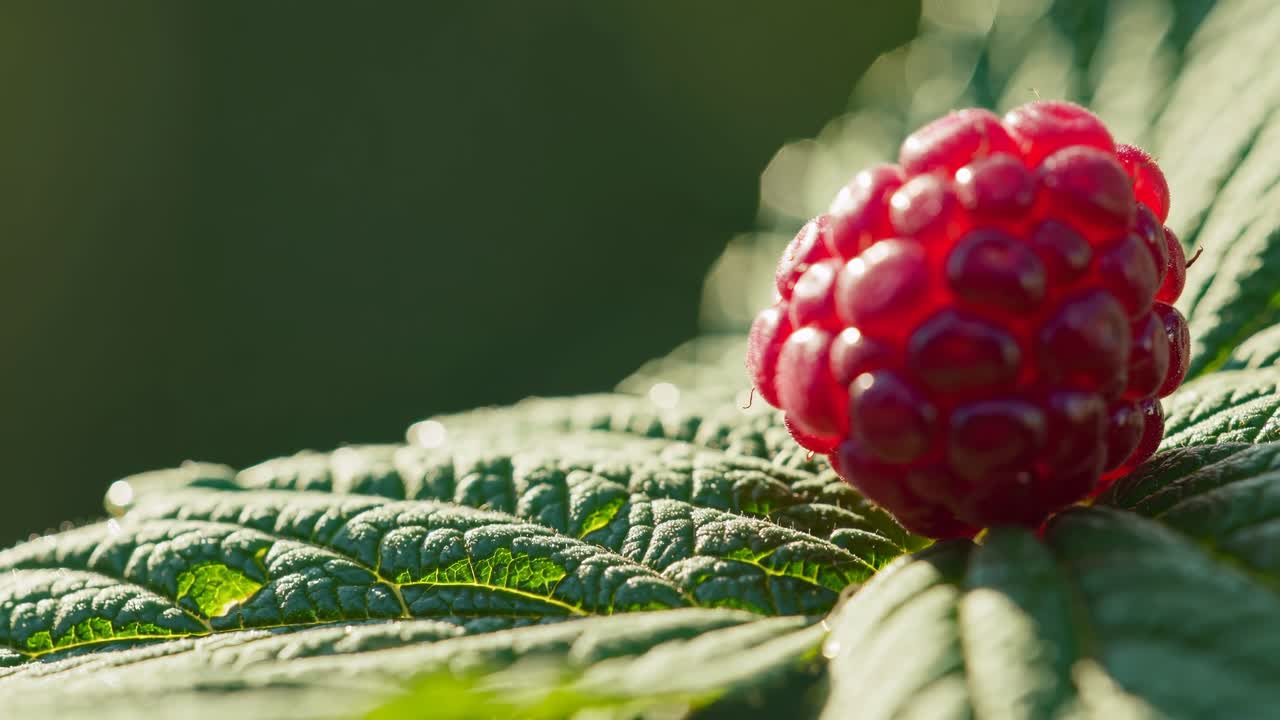 Close-up video of a ripe raspberry on a leaf, captured at a low angle