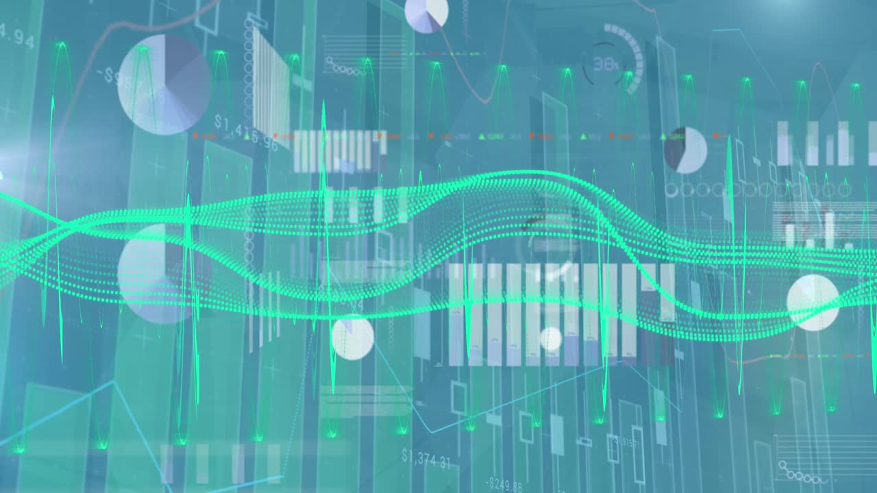 Animation of various graphs and charts and illuminated wave patterns moving over abstract background