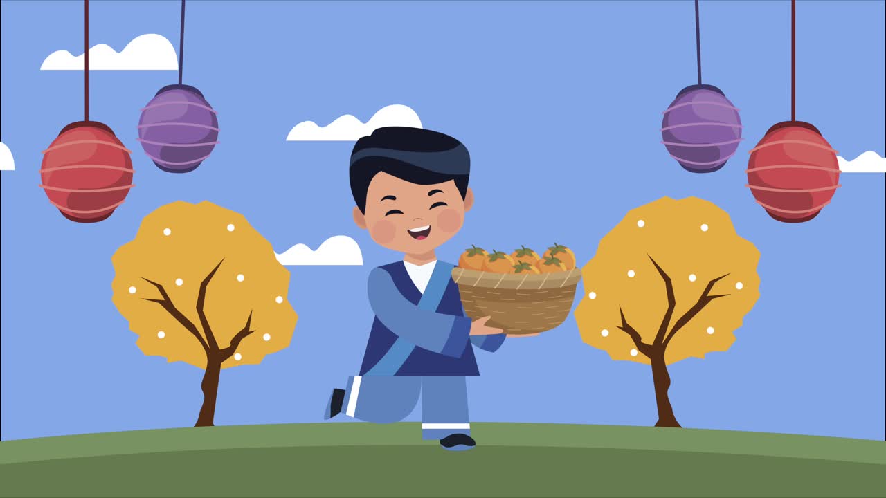 happy chuseok celebration animation with asian boy lifting oranges basket