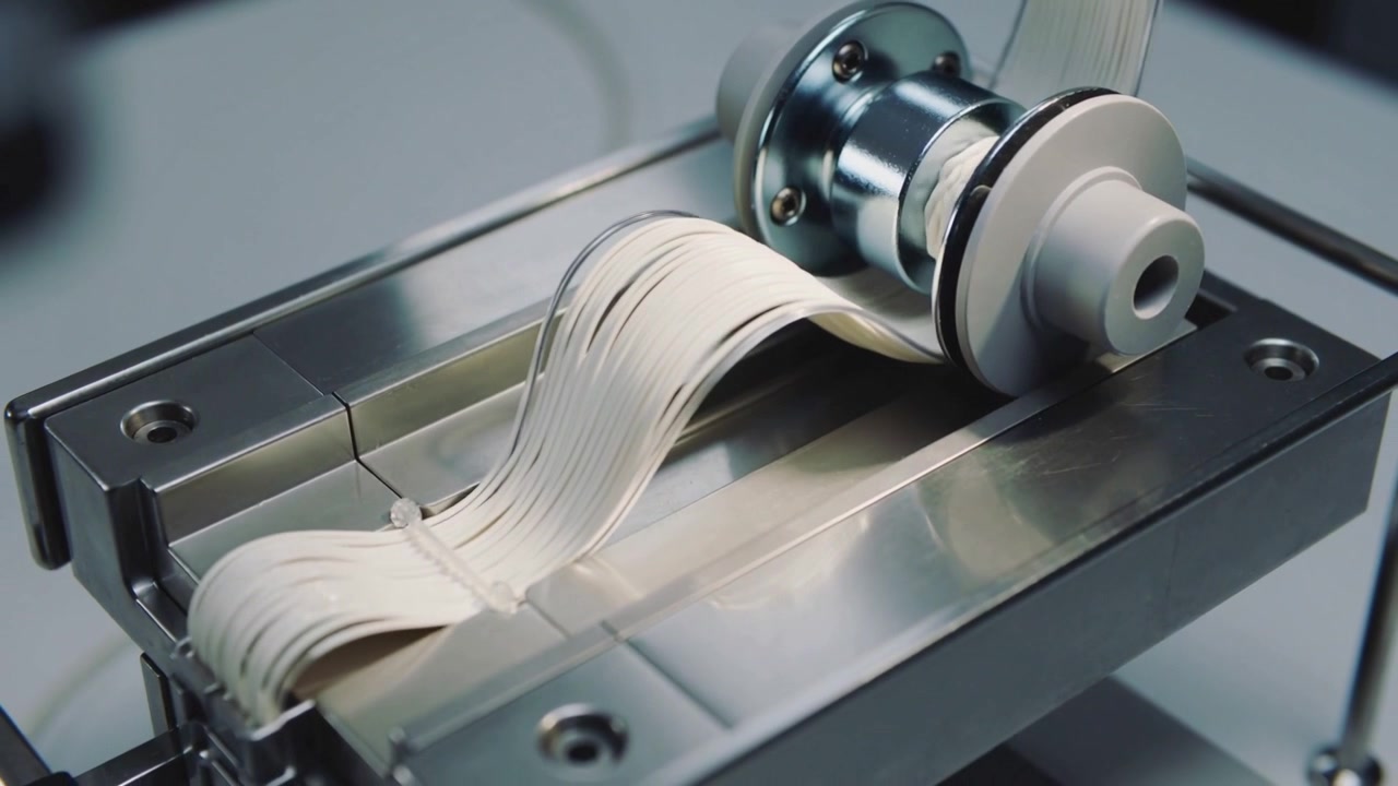 Rotating spool assembly pulling white filaments across bench guide, forming arch to align strands