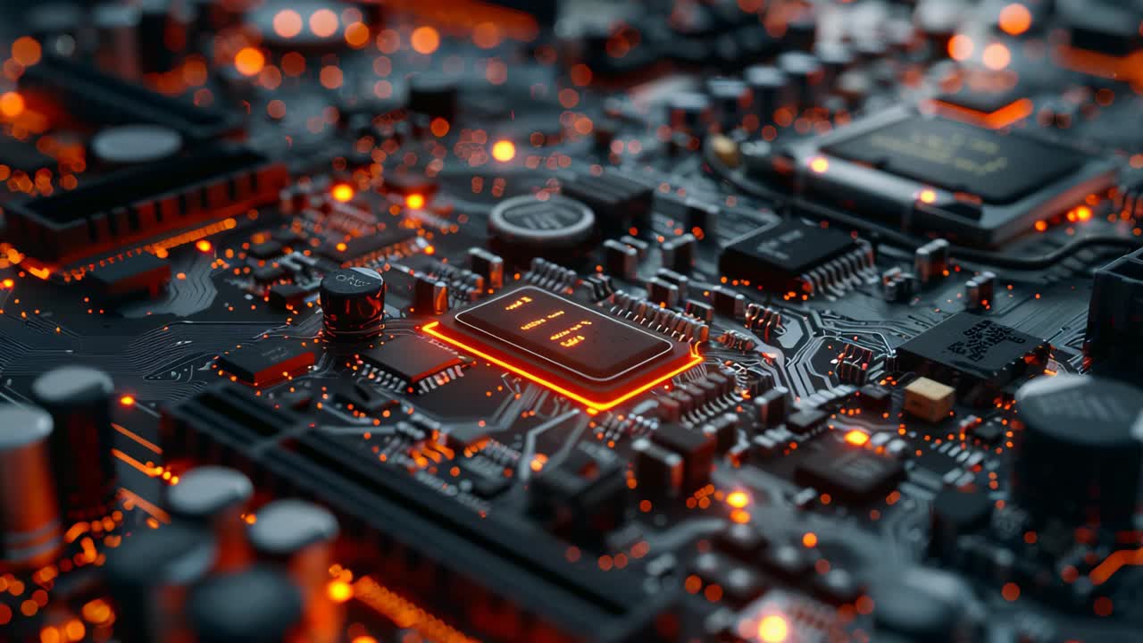 Close-up of a circuit board with glowing components