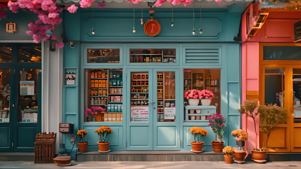 Charming Shop Front with Blue Facade and Cherry Blossoms