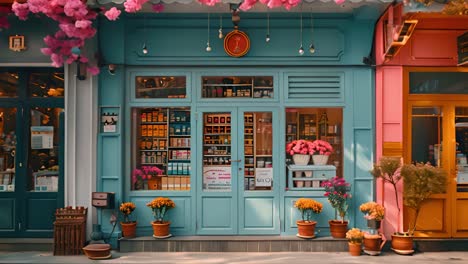 charming shop front with blue facade and cherry blossoms