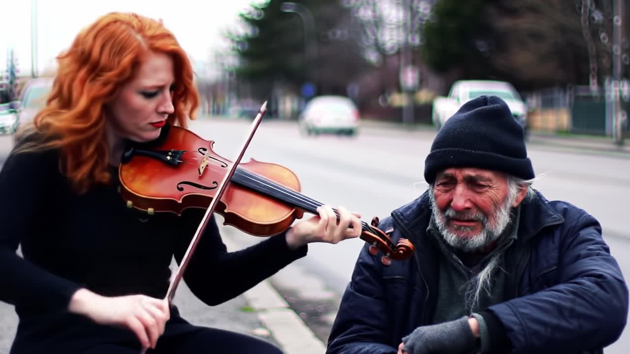 A violinist plays beautifully on the street, captivating passersby. An elderly man sits nearby, visibly moved by the music, showcasing a touching interaction between the two.
