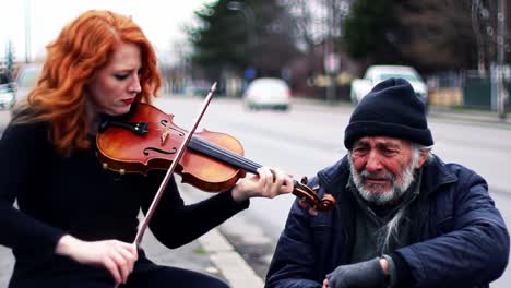 a violinist plays beautifully on the street, captivating passersby. an elderly man sits nearby, visibly moved by the music, showcasing a touching interaction between the two.