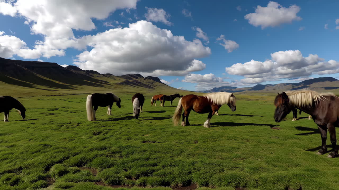 Herd of Icelandic Horses Grazing in a Green Pasture with Mountains