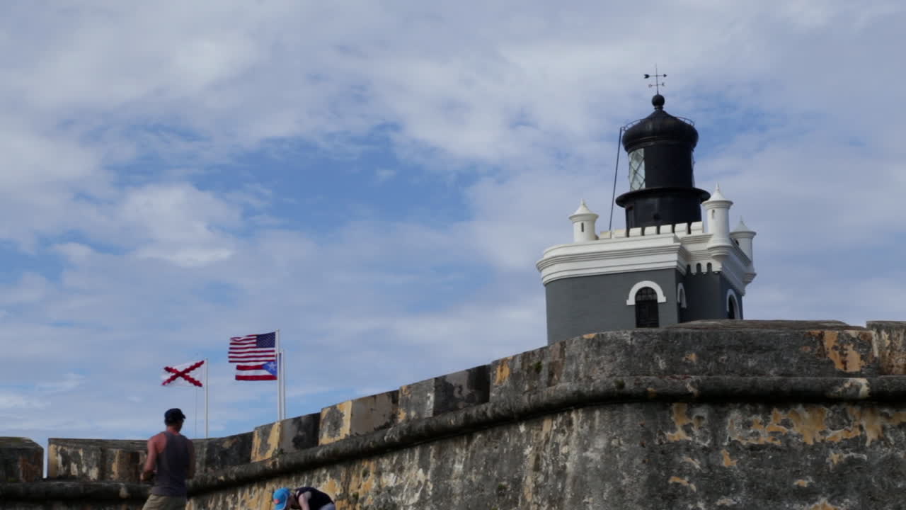 Lighthouse Of The Castillo San Felipe Del Morro With Flags Waving In San Juan, Puerto Rico. low angle, time lapse