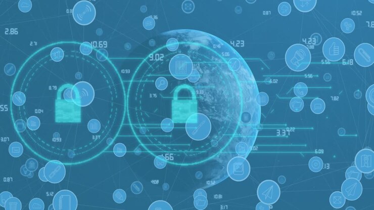 Animation of padlock icons with globe and data processing