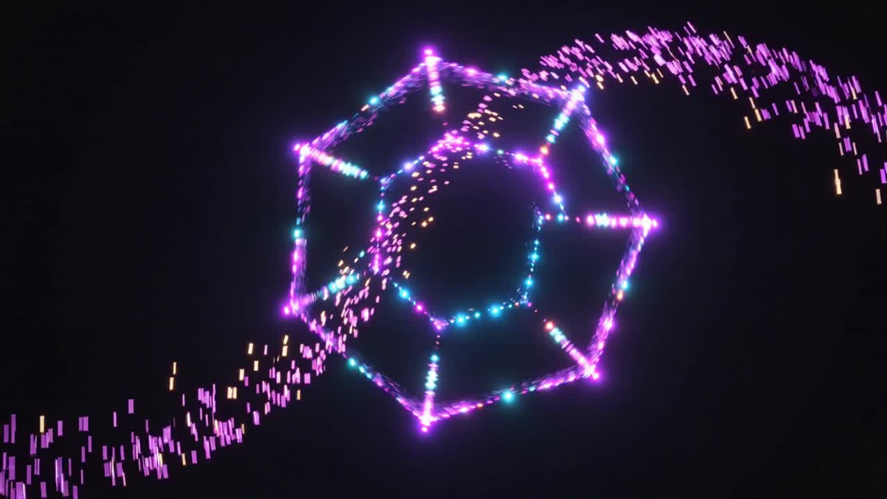 Starting sequence, lit polygon rotating in black void, creating fiery ring, purple core, particles
