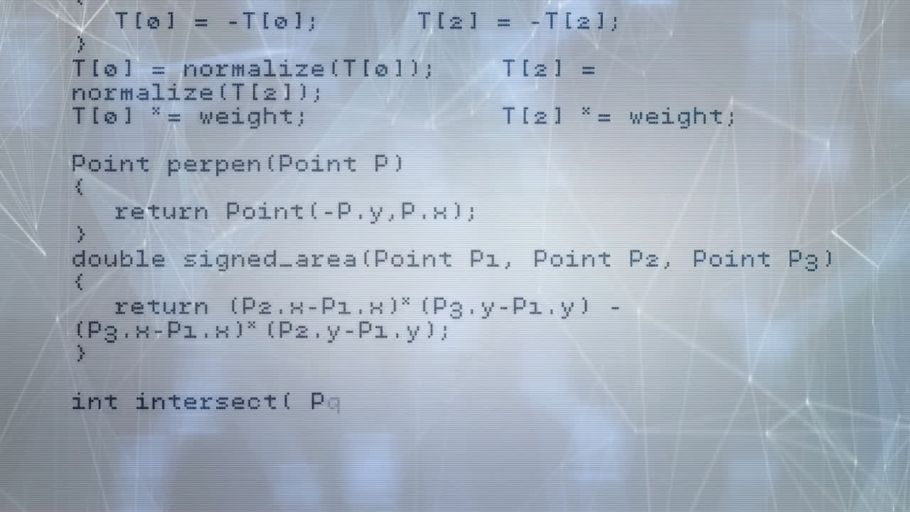 Computer code over blue and white geometric background with animation elements