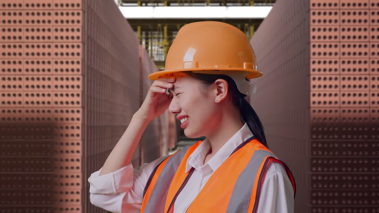 Close Up Side View Of Asian Female Engineer With Safety Helmet Having A Headache While Working With Red Brick Packed in Stacks Are Stored