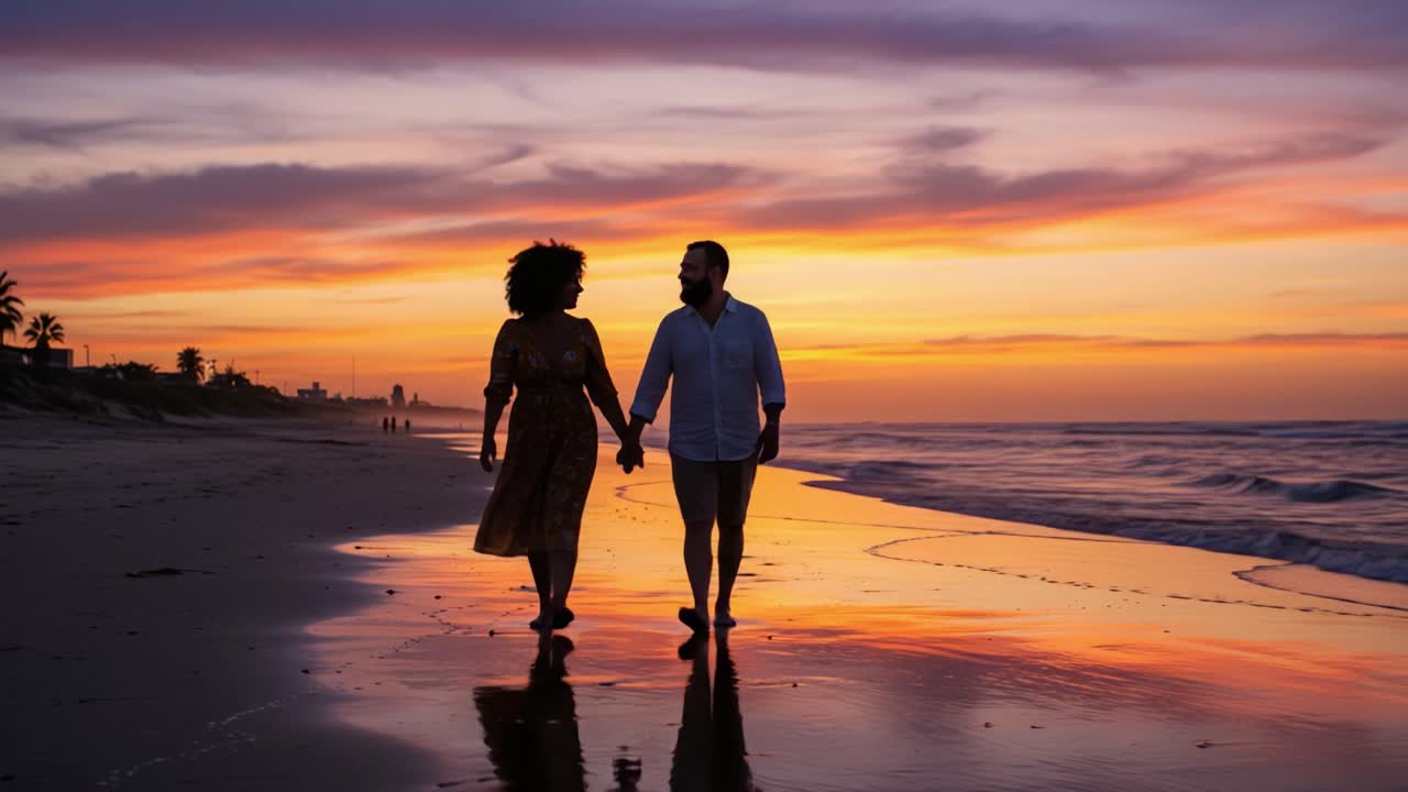 A Romantic Evening Stroll on the Beach: Hand in Hand Under a Vibrant Sunset, Embracing the Beauty of Nature Together