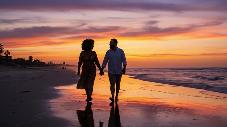 Une promenade romantique au crépuscule sur la plage : main dans la main sous un coucher de soleil éclatant, profitant ensemble de la beauté de la nature