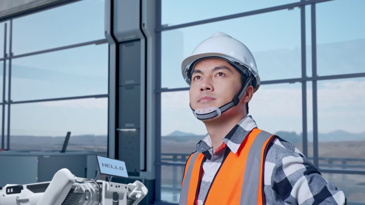하이테크 공장에서 안전 헬을 착용한 아시아 남성 엔지니어가 로 기계 개념을 분석하며 팔을 고 서서 주위를 둘러보고 확인하고 있습니다.