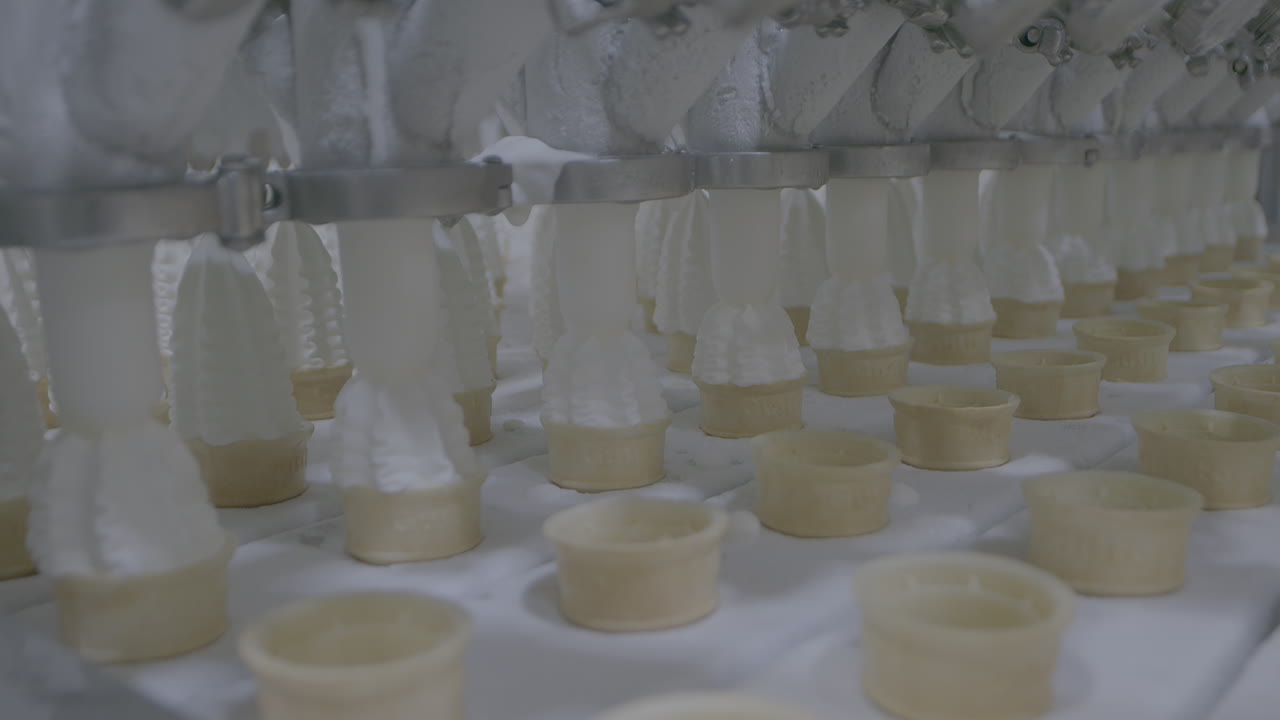 Fixed clip showing rows of icecream cones on an assembly line being filled with soft scoop vanilla ice cream