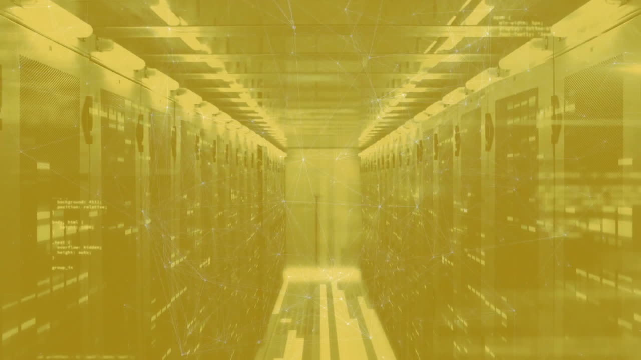 Data processing animation over yellow-tinted server room with network connections