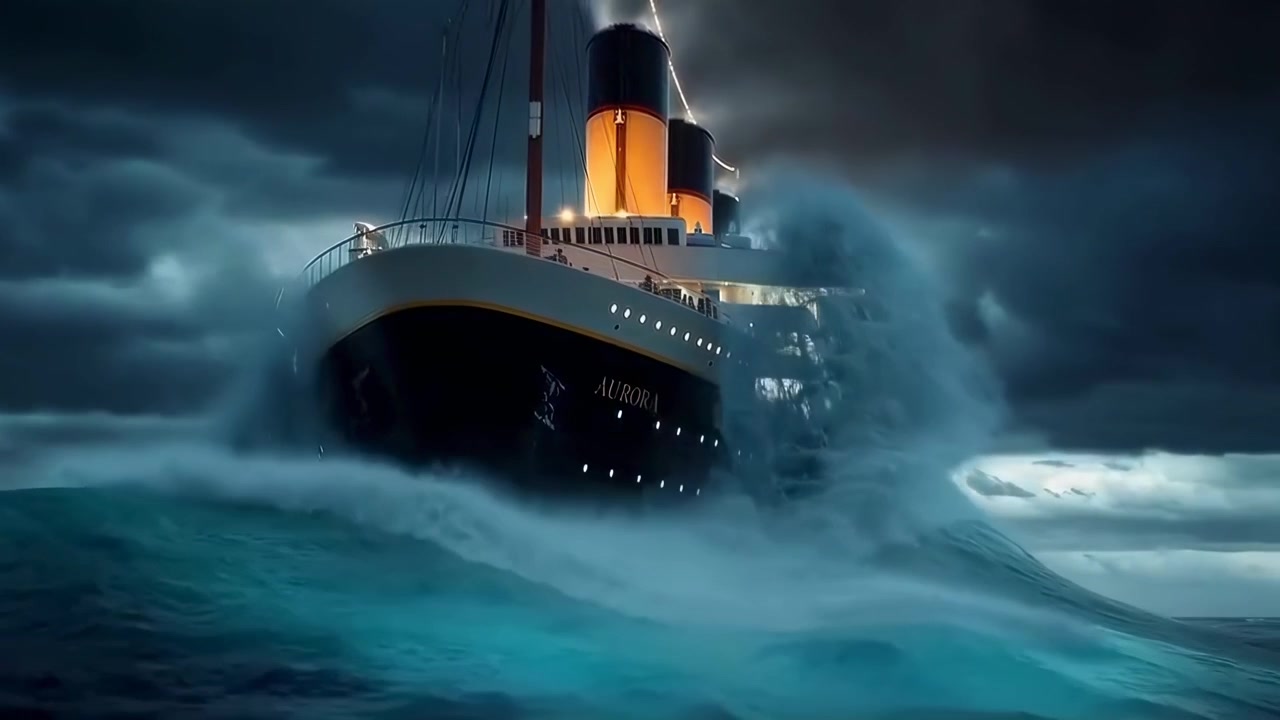 Grande transatlantico Aurora che naviga attraverso un mare in tempesta drammatico