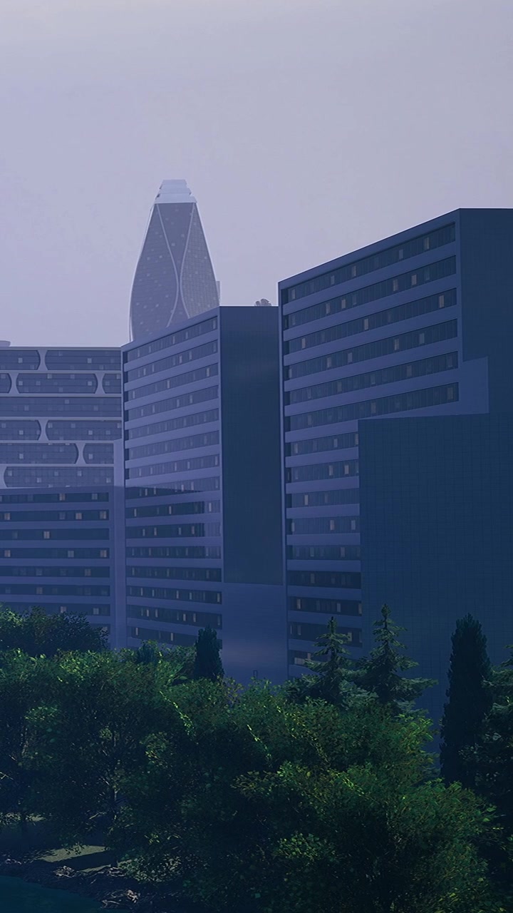 Edifícios e árvores em uma cidade moderna em um dia de neblina pela manhã.