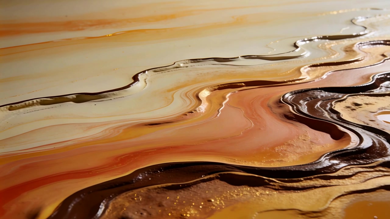 Sliding camera revealing glossy resin artwork in studio, highlighting metallic flecks