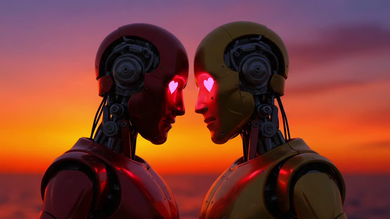 Two robotic figures with glowing heart-shaped eyes face each other against a breathtaking sunset, symbolizing love and connection in a futuristic world of artificial intelligence
