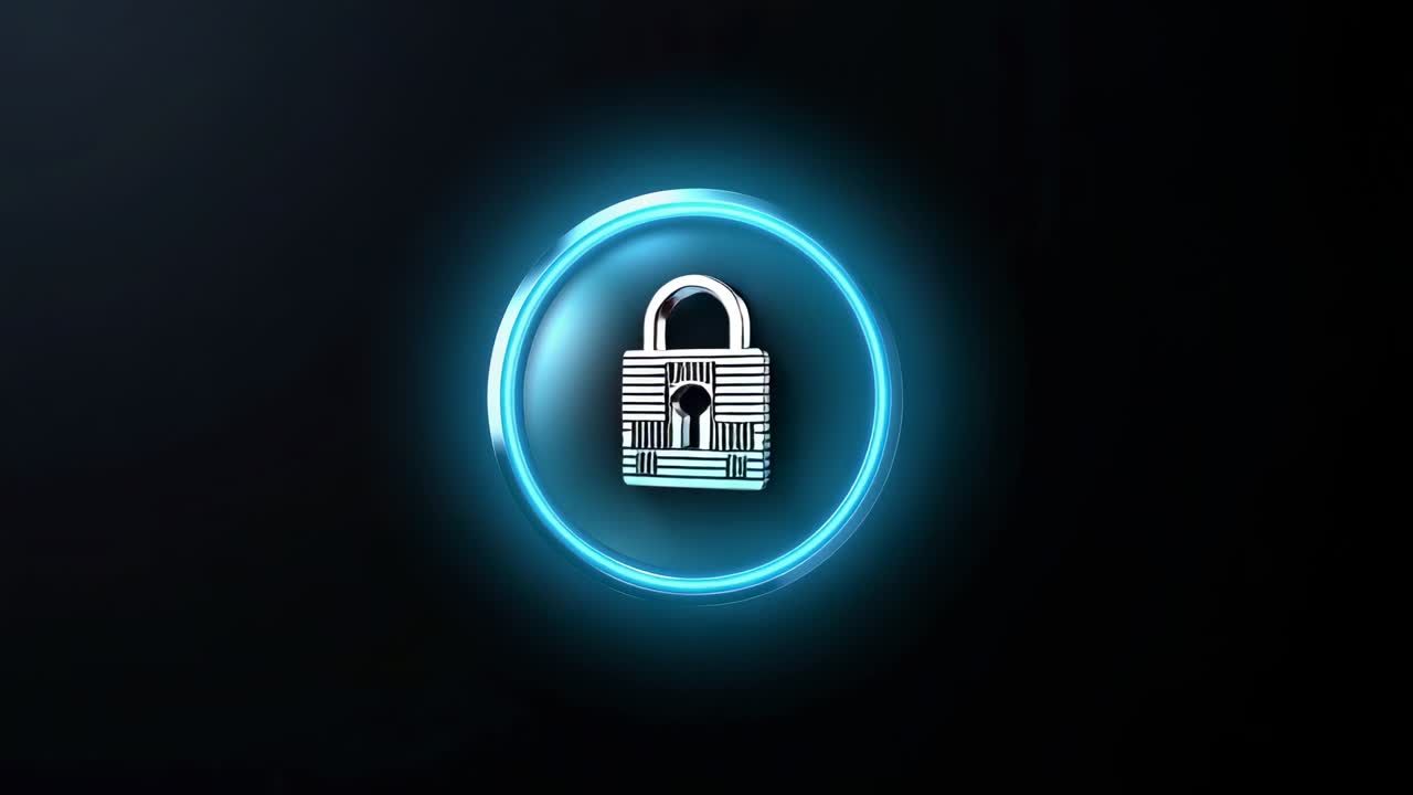 Appearing metallic padlock rotating and transforming in neon-blue ring over black void