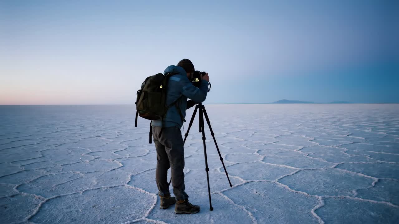 Fotógrafo com tripé capturando paisagem em vasta planície de sal