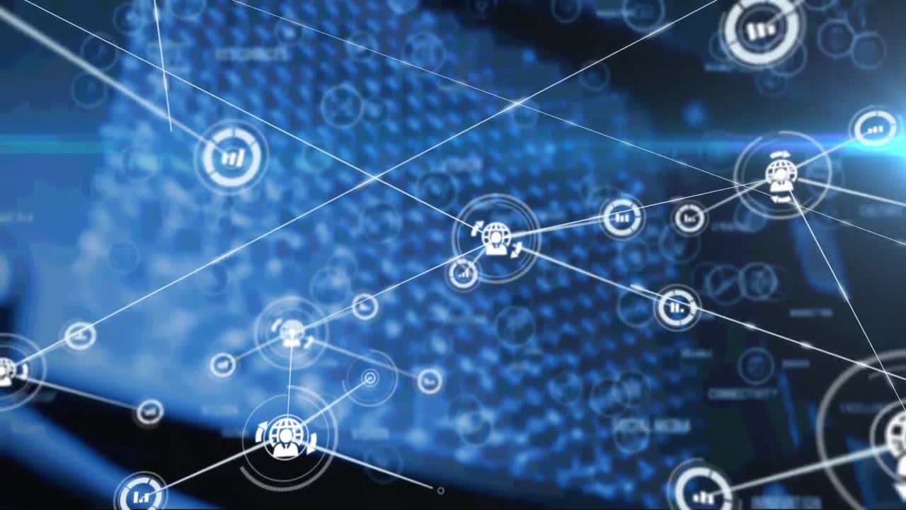 animación de la red de conexiones con iconos de procesamiento de datos y senderos de luz azul brillante