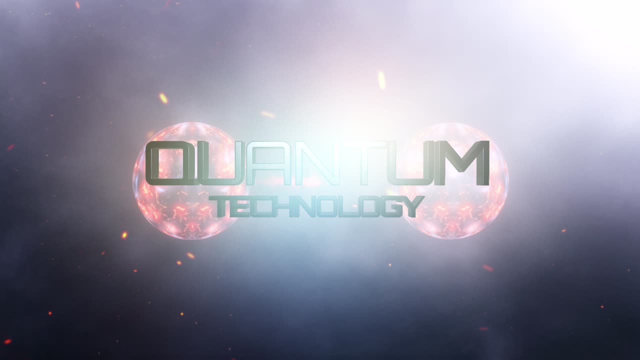 tecnología cuántica futurista título cinematográfico banner concepto de fondo. 4k 3d renderización bucle sin costuras animación creativa de tecnología cuántica con elementos de partículas de fuego efecto y dos partículas comparten coherencia en estado cuántico