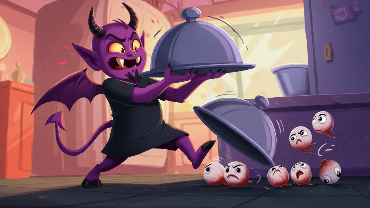 Mischievous Purple Demon with a Grin: A Playful Scene Featuring a Cheeky Character Interacting with Animated Eyes in a Colorful Kitchen Setting