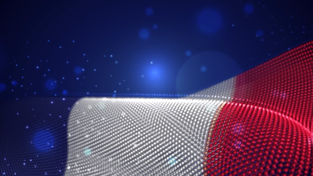 France waving flag on blue background with bright flares, motion loop