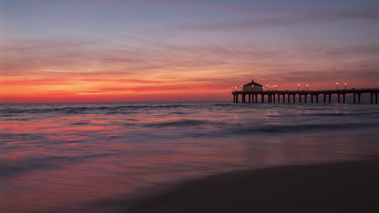Timelapse Of Manhattan Beach Pier At Sunset In Southern California, United States