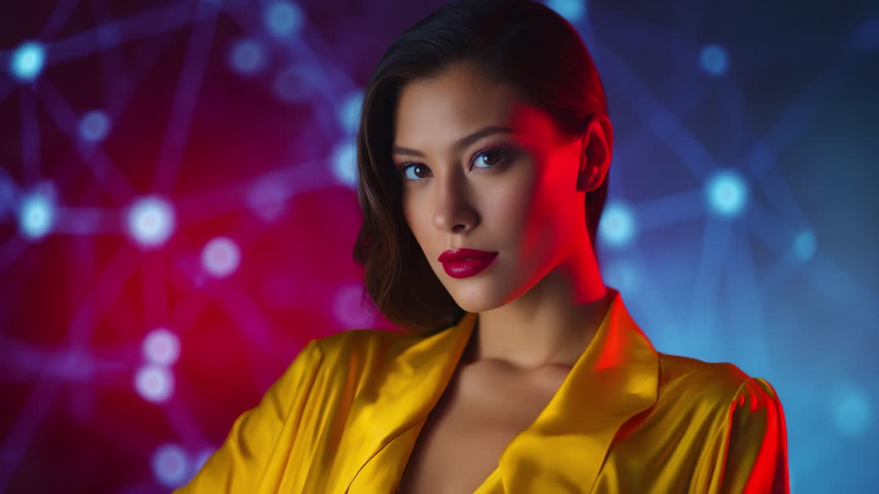 A Striking Portrait of a Confident Woman in a Yellow Satin Jacket Against a Dynamic Background of Red and Blue Abstract Patterns and Lights