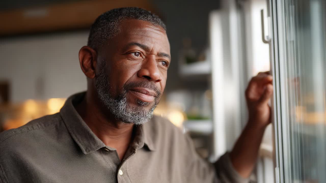 A contemplative moment captured through two frames showcasing a thoughtful man gazing out a window, highlighting his reflective expression and the serene indoor atmosphere surrounding him