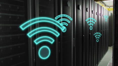 wi-fi signal icons animation over server racks in data center