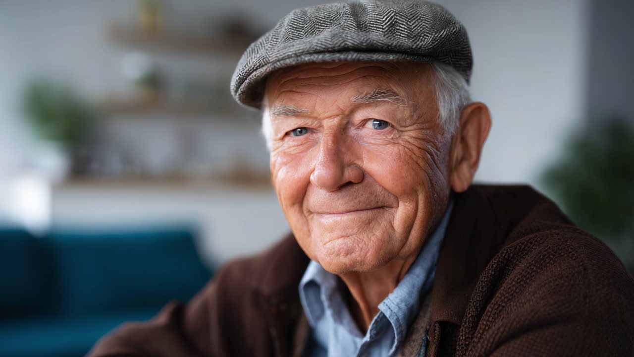 Un retrato cálido de un hombre mayor con gorra gris y chaqueta marrón, que captura una sonrisa genuina y rasgos expresivos en un ambiente interior acogedor.