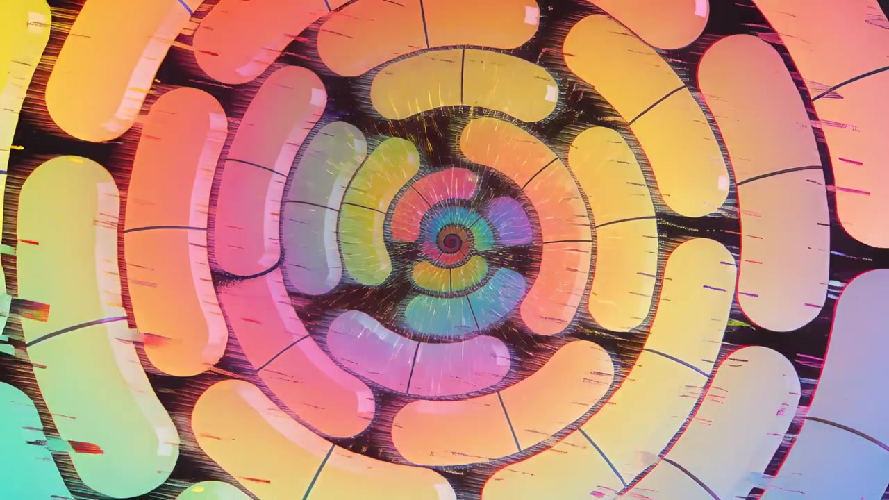 Rotating spiral with pill segments on loop playback, tightening inward on screen with glitches