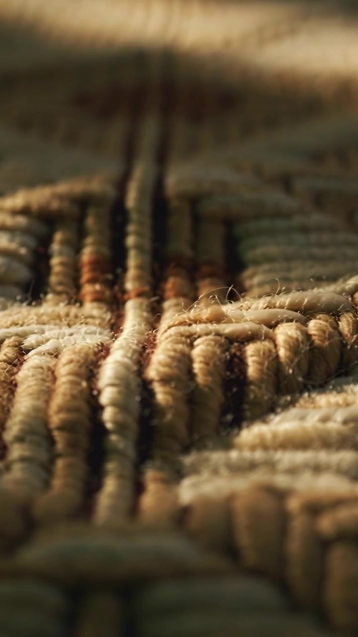 Video vertical: Cámara deslizándose revelando una costura macro de alfombra mostrando el pelo con luz cálida en el suelo de casa.