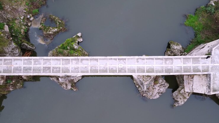 Aerial top down view of the Besalu Bridge in Catalonia Spain