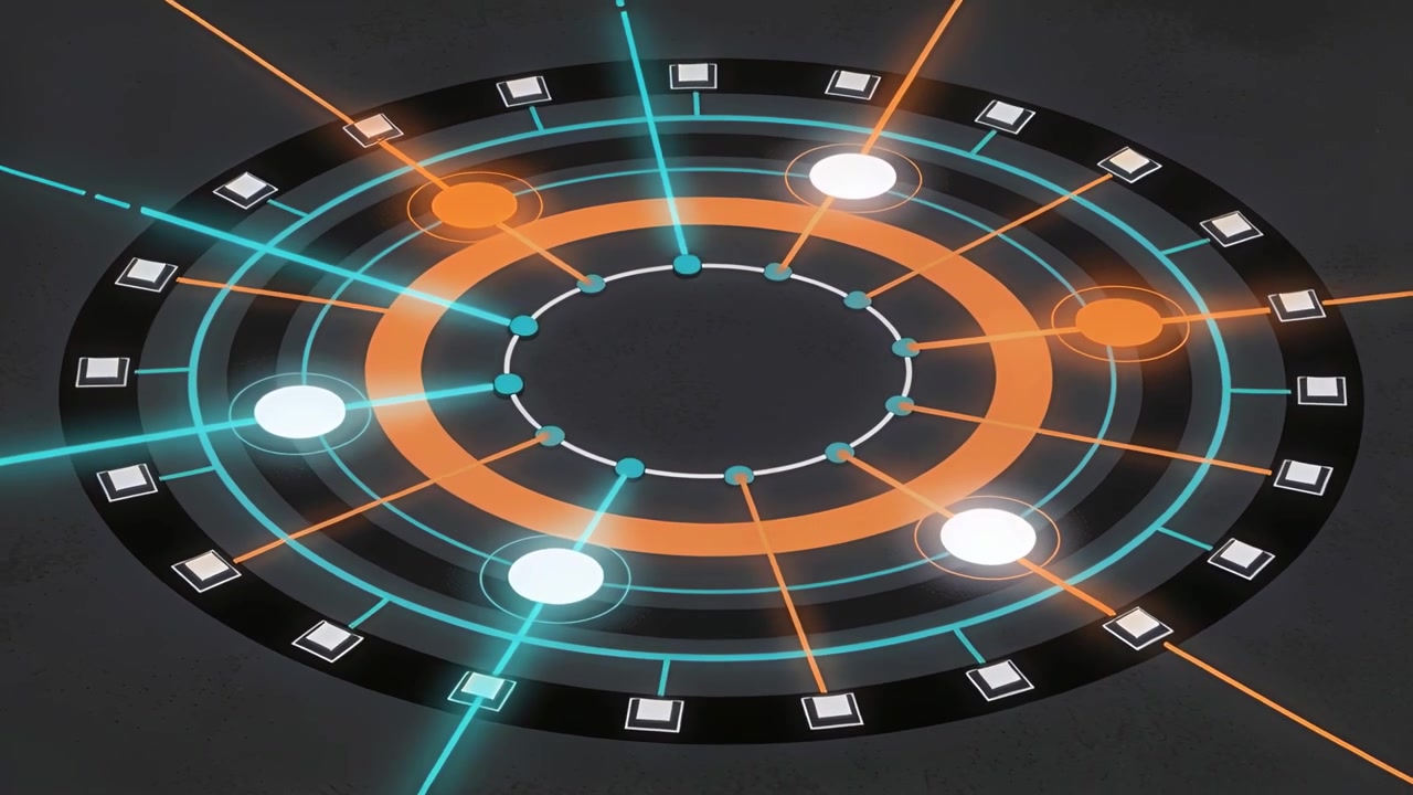 Receiving pulse, concentric ring interface projecting teal beams inward on gray plane, syncing data