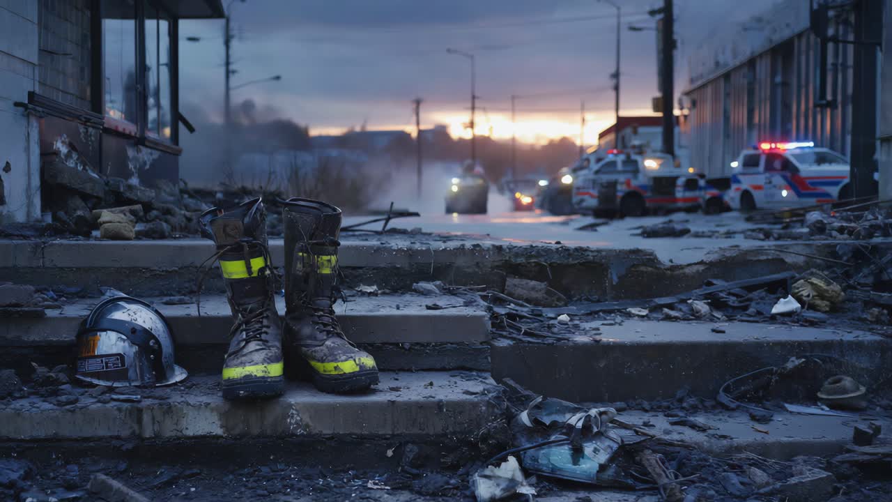 Aftermath of a Disaster: Firefighter Gear and Emergency Vehicles