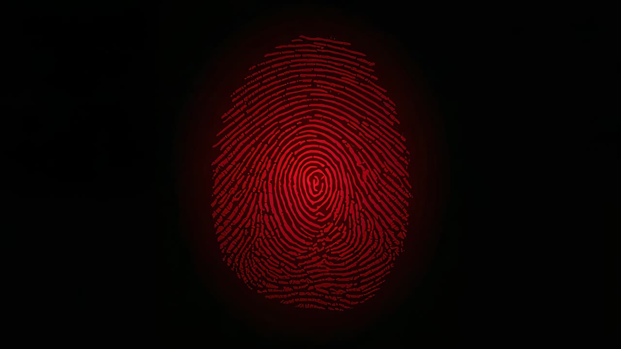 Revealing red fingerprint, fingertip moving upward and pressing sensor on device display to unlock