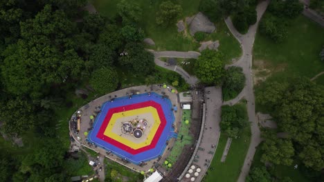 Aerial-view-over-the-Wollman-Rink,-in-Central-Park,-NYC,-USA---birdseye,-drone-shot