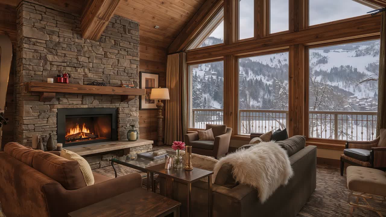 Cheminée à bois crépitante projetant une lueur chaleureuse sur le salon d’un chalet, avec un canapé, des livres et des fenêtres enneigées