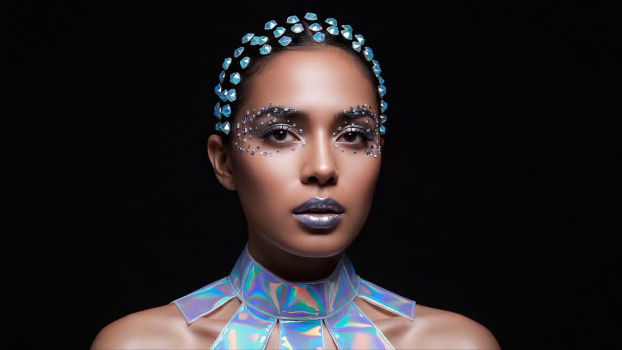 Stunning Futuristic Portrait: A Model Showcasing Iridescent Fashion and Artful Makeup Enhancements Against a Dark Background