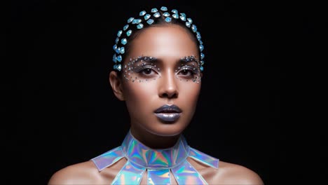 stunning futuristic portrait: a model showcasing iridescent fashion and artful makeup enhancements against a dark background