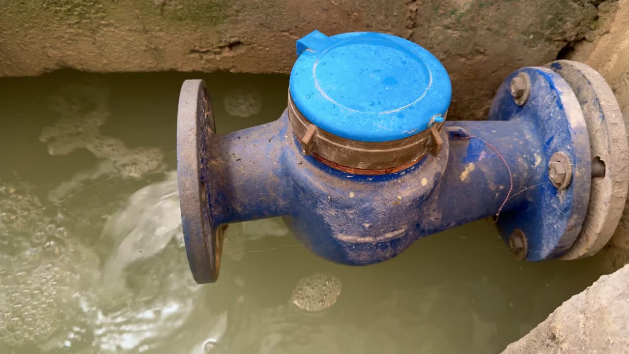 Chemical industrial waste water pipe with closed meter cover discharging water into wastewater treatment plant