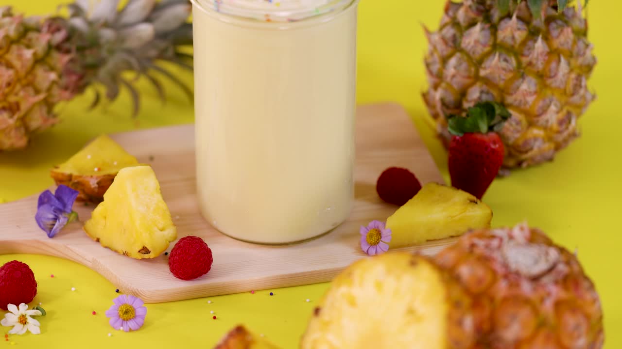 Camera smoothly moves down revealing pineapple smoothie, whipped cream, fruit garnish, and colorful background