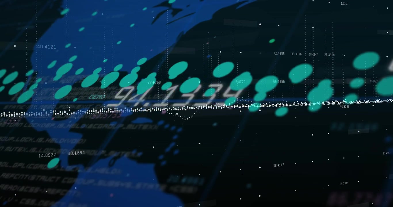 Animation of data processing over world map against black background